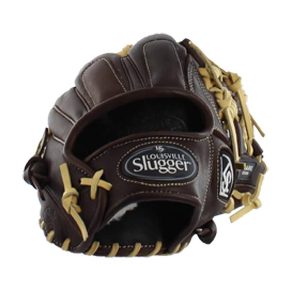 Front view of a brown Louisville Slugger baseball glove with tan lacing and a white logo patch.