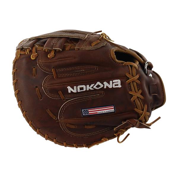 Front view of a brown Nokona first base mitt with NOKONA branding and a MADE IN AMERICA flag.