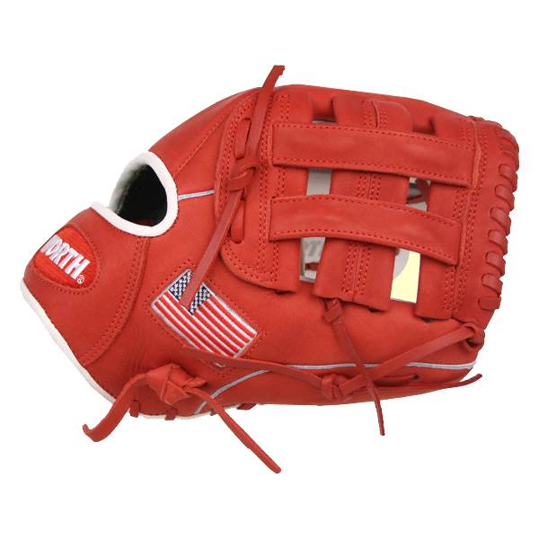 Side view of a scarlet red baseball glove with an American flag patch and WORTH logo.