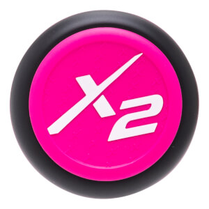 Top-down view of the bat knob featuring a vibrant pink center with a textured pattern and a white "X2" logo, surrounded by a thick black ring.
