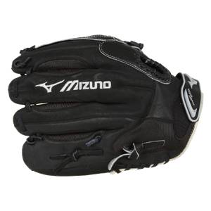 Side view of a black Mizuno baseball glove with white stitching and mesh accents.