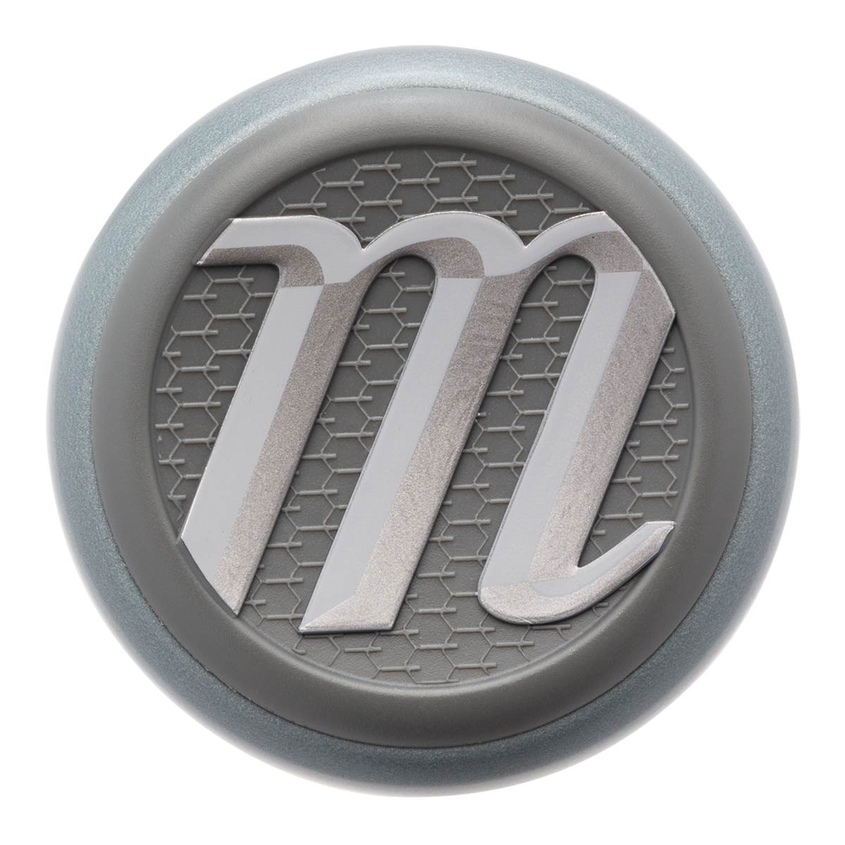 End cap view of a grey baseball bat with a silver M logo on a honeycomb pattern.