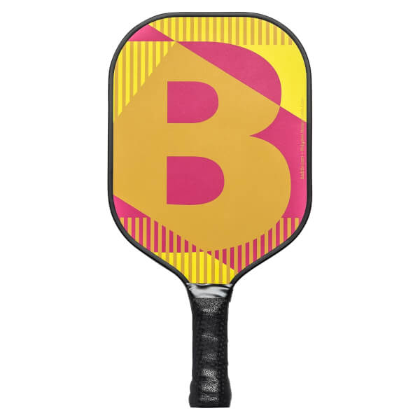 Front view of a yellow and pink pickleball paddle with a large B graphic and striped accents.