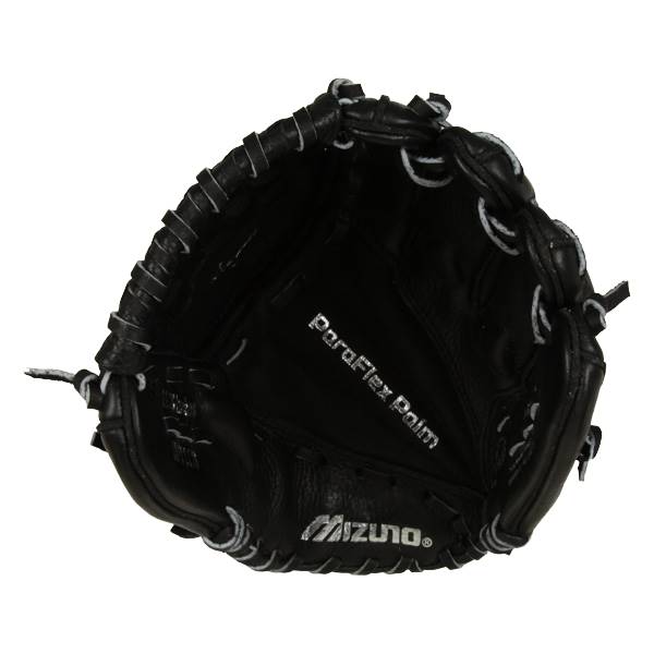Top-down view of a black baseball glove with ParaFlex Palm and Mizuno branding.