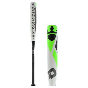 Side view of a white baseball bat with black and green accents and DEMARINI text.
