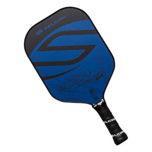 Top-down view of a blue and black pickleball paddle with epic VANGUARD 2.0 text and a black grip.