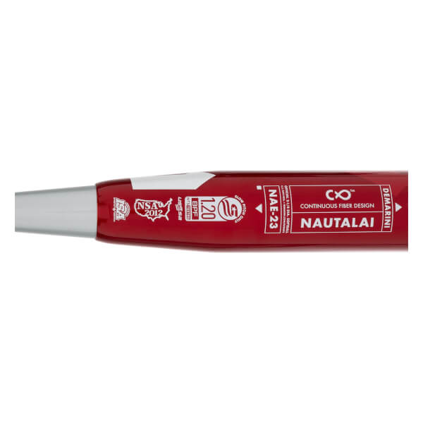 Close-up of a red DeMarini Nautalai slow pitch softball bat with NAE-23 and CONTINUOUS FIBER DESIGN visible.