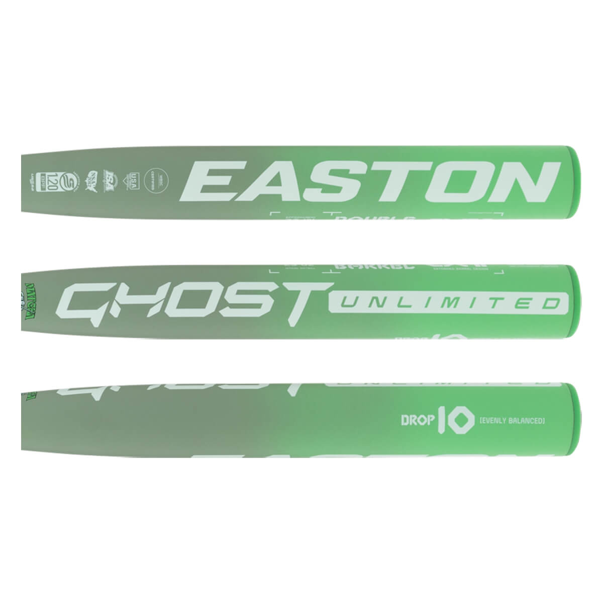 Three horizontal views of a green and grey gradient barrel displaying the Easton and Ghost Unlimited logos along with the Drop 10 text.