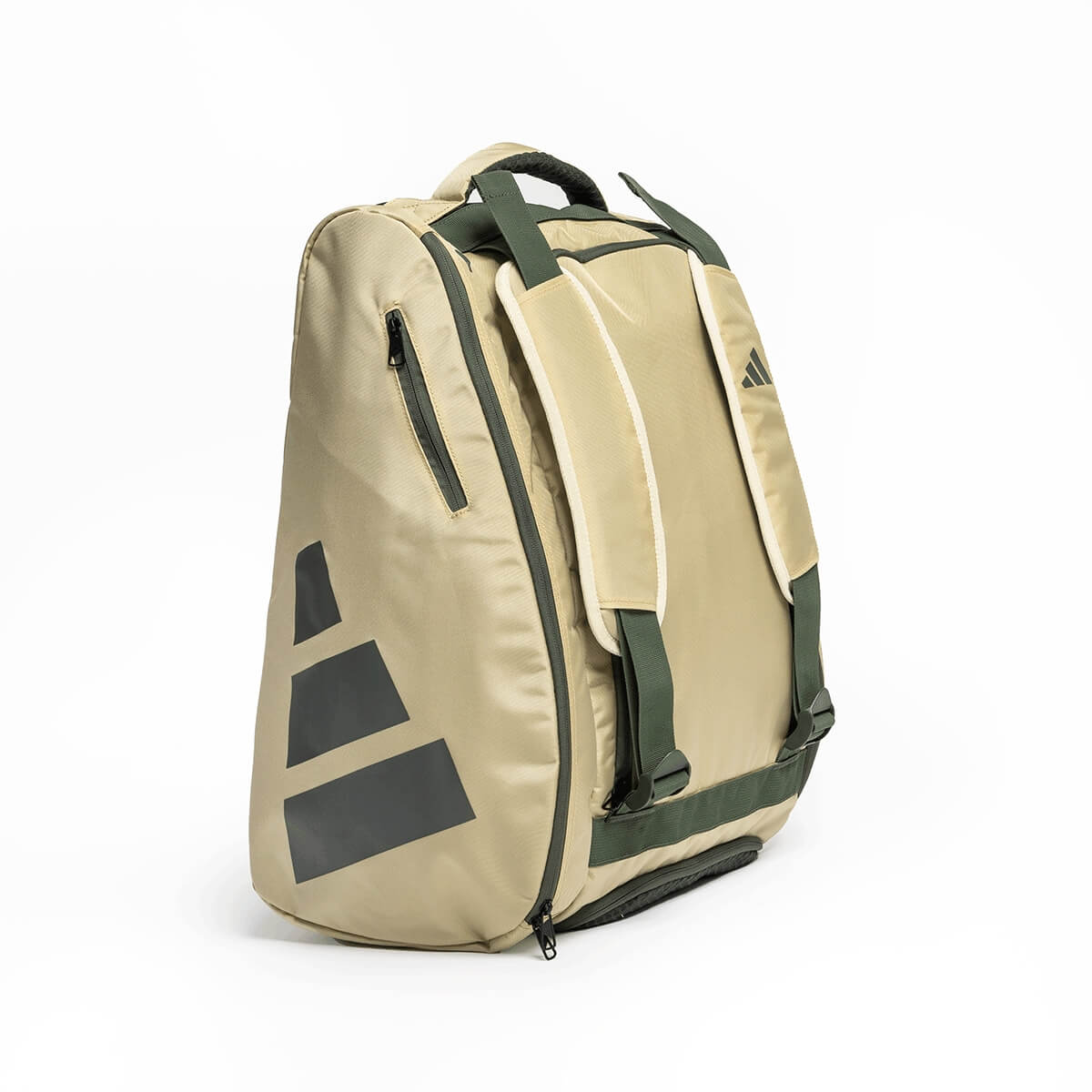 Three-quarter back view of a tan backpack with dark green straps, featuring a large black three-bar logo on the side and a small logo near the top.