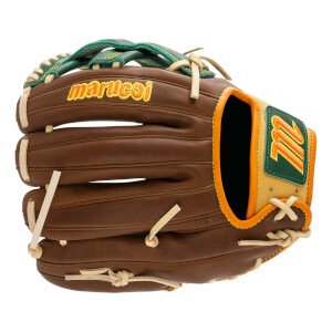 Side view of a brown baseball glove with green lacing and marucci text.