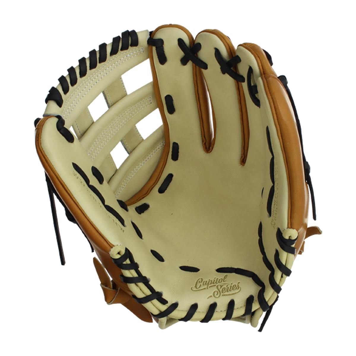 Front view of a tan baseball glove with black lacing and Capitol Series embroidery.