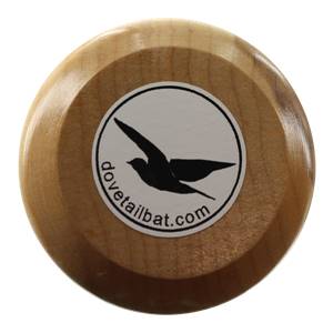 Top-down view of a natural wood baseball bat with a circular logo featuring a black bird and dovetailbat.com.