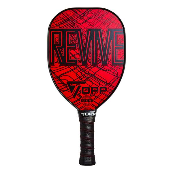 Front view of a red pickleball paddle with black REVIVE text, a black TOPP logo, and a textured grip.
