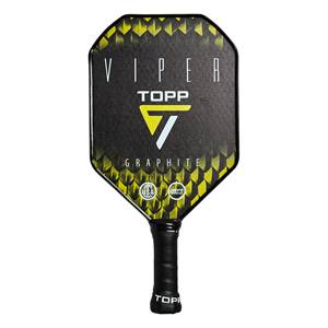 Front view of a black pickleball paddle with yellow accents, VIPER and GRAPHITE text, and USA Pickleball approval.