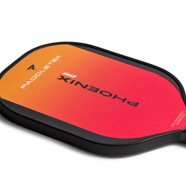 Top-down view of a black pickleball paddle with orange-to-red gradient, PADDLETEK and PHOENIX G6 text.