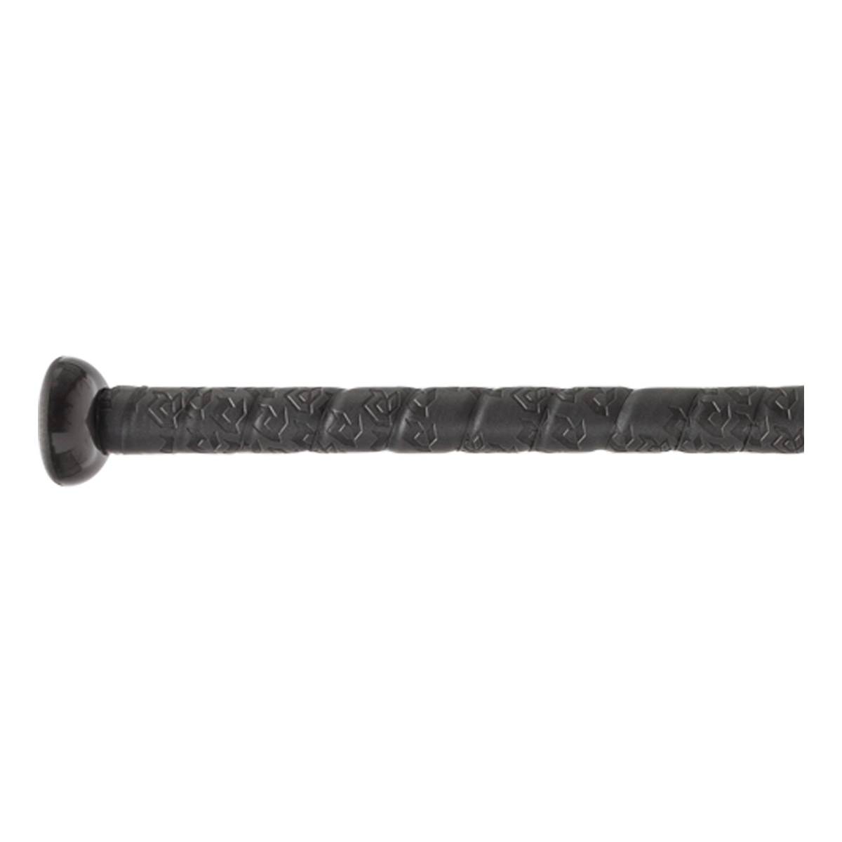 Side view of a black baseball bat with a textured grip and a rounded end cap.