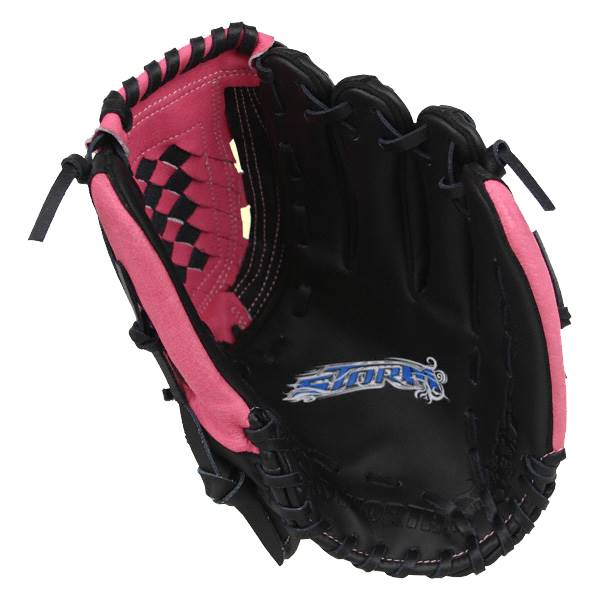 Top-down view of a pink and black youth baseball glove with a checkered interior and STORM logo.