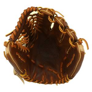 Interior view of a brown Mizuno Classic Fastpitch Series glove with tan accents and yellow lacing.