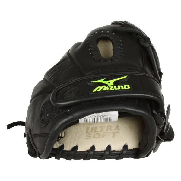 Front view of a black baseball glove with a neon Mizuno logo and ULTRA SOFT text.