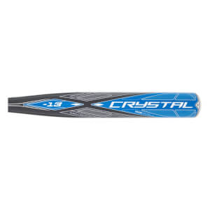 Side view of a black and blue fastpitch softball bat with CRYSTAL branding, -13 drop weight, and geometric patterns.