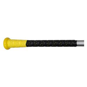 Side view of a yellow and black baseball bat with a textured grip.