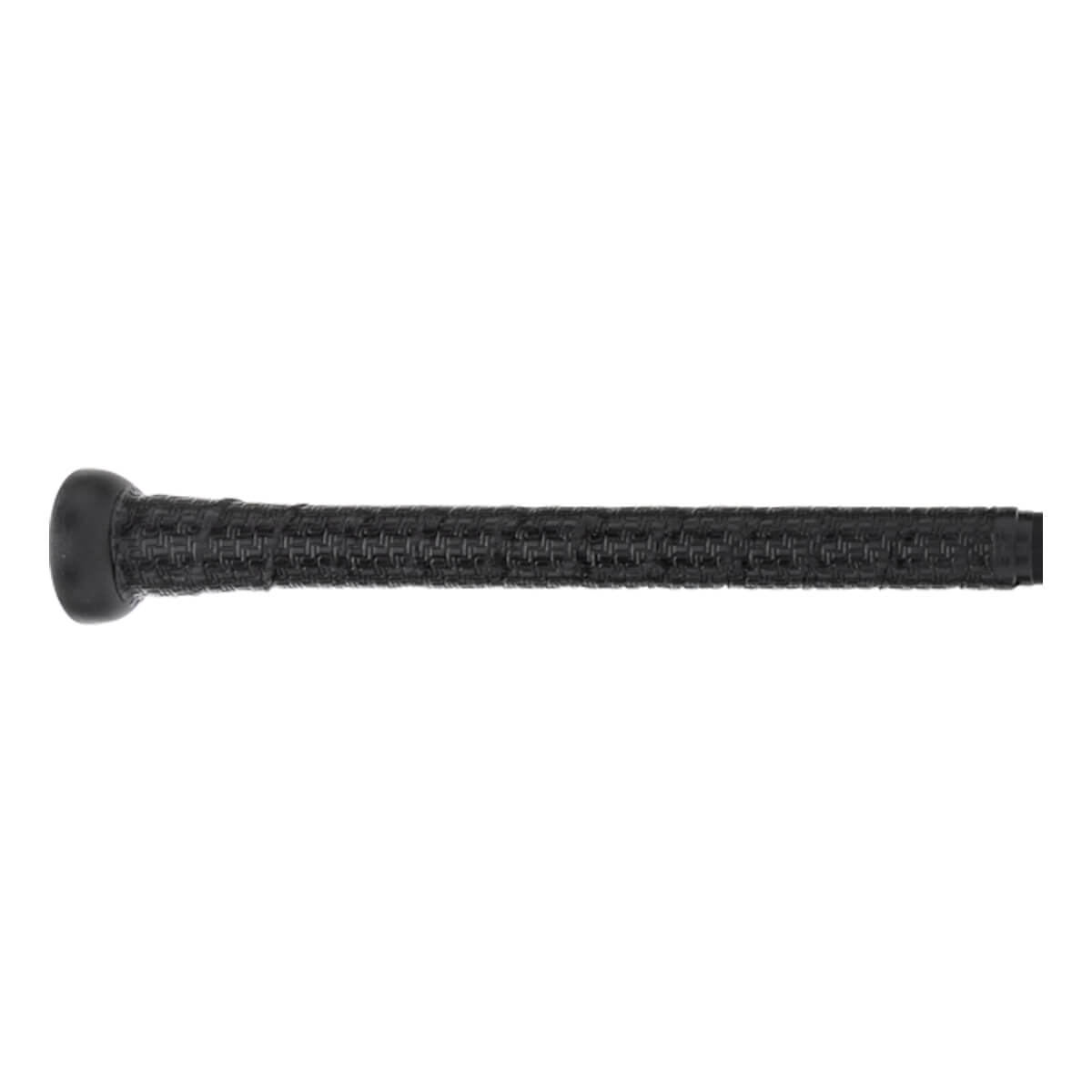 Close-up view of the black bat handle featuring a textured, cross-hatched grip and a rounded black knob at the end.