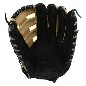 Interior view of a black baseball glove with tan lining and white stitching.