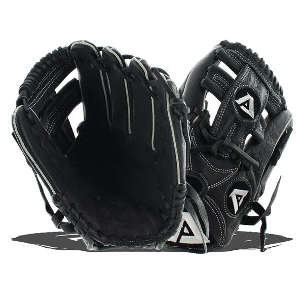 Front view of black baseball gloves with white stitching and triangular logos.