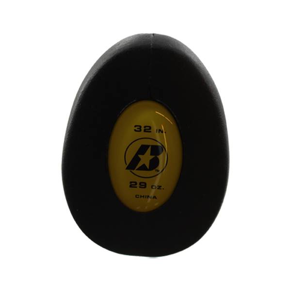 End cap view of a black baseball bat with yellow branding, 32 in., 29 oz., and CHINA.