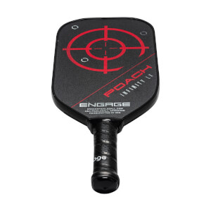 Front view of a black pickleball paddle with a red target design and POACH INFINITY LX text.