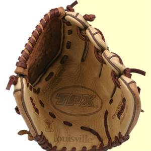 Interior view of a tan Louisville Slugger youth baseball glove with TPX and Louisville branding.
