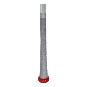 Close-up of a gray baseball bat grip with perforated texture and a red end cap.