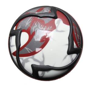 End cap view of a white baseball bat with red and gray dragon graphics and black trim.