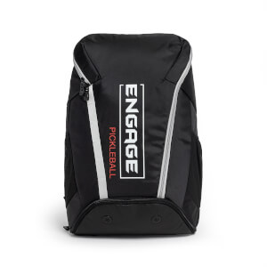 Front view of a black pickleball backpack with white Engage branding and a silver stripe.