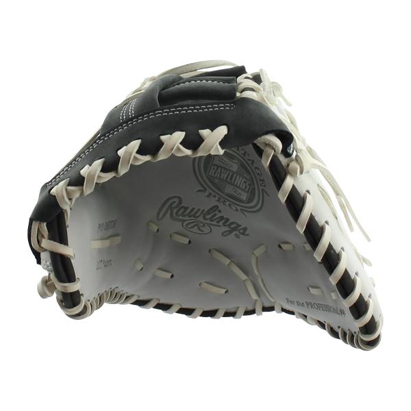 Corner view of a black and white Rawlings first base mitt with Rawlings and PRO SERIES logos.