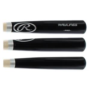 Side view of black Rawlings baseball bats with silver end caps and RAWLINGS -PRO- text.