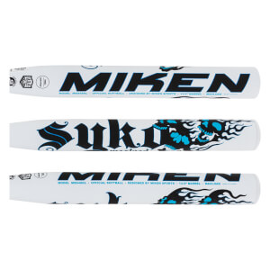 Three stacked barrel rotations show the white bat featuring bold black and blue MIKEN and SYKO text with blue skull flame graphics.