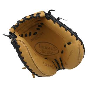 Top-down view of a tan Louisville Slugger catchers mitt with black lacing and Bruise-Guard Padded text.