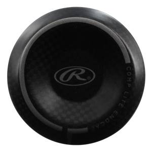 Top-down view of a black baseball bat endcap with a carbon fiber pattern and COMP LITE ENDCAP text.