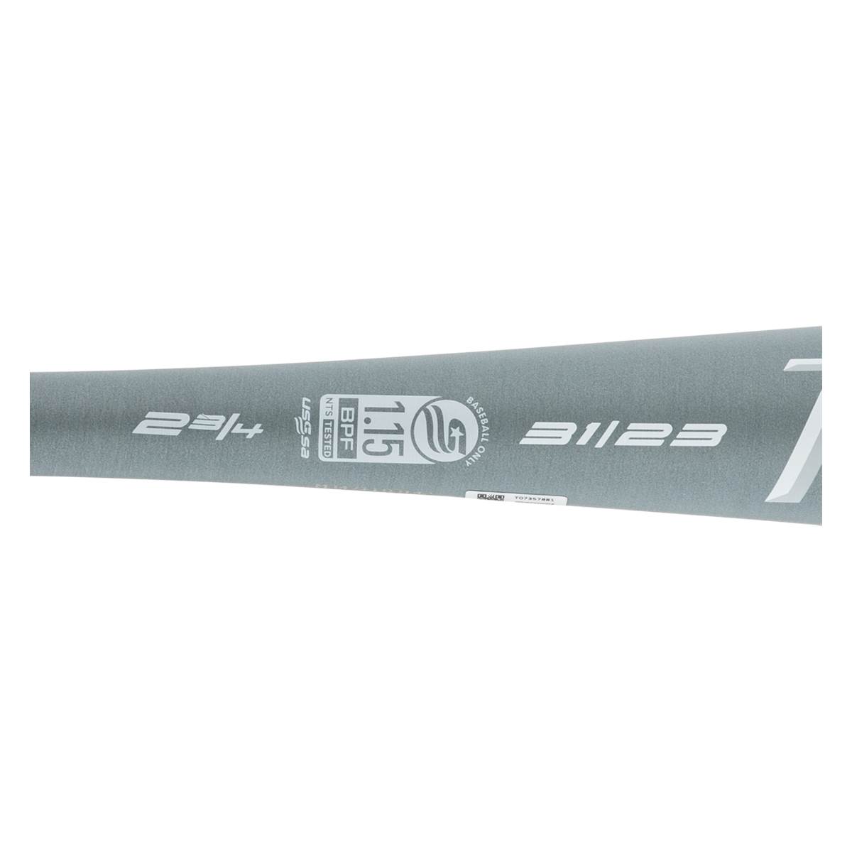 Side view of a gray baseball bat with 2 3/4, USSSA, BPF 1.15, and 31/23 markings.