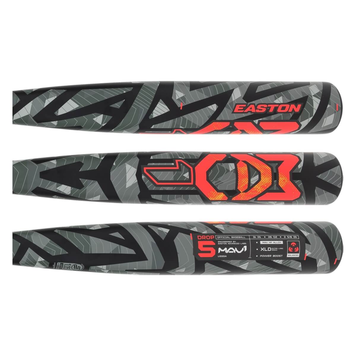 Three views of the barrel show its grey and black geometric pattern with red "EASTON" and "MAV1" logos, a "DROP 5" label, and printed technical specifications.
