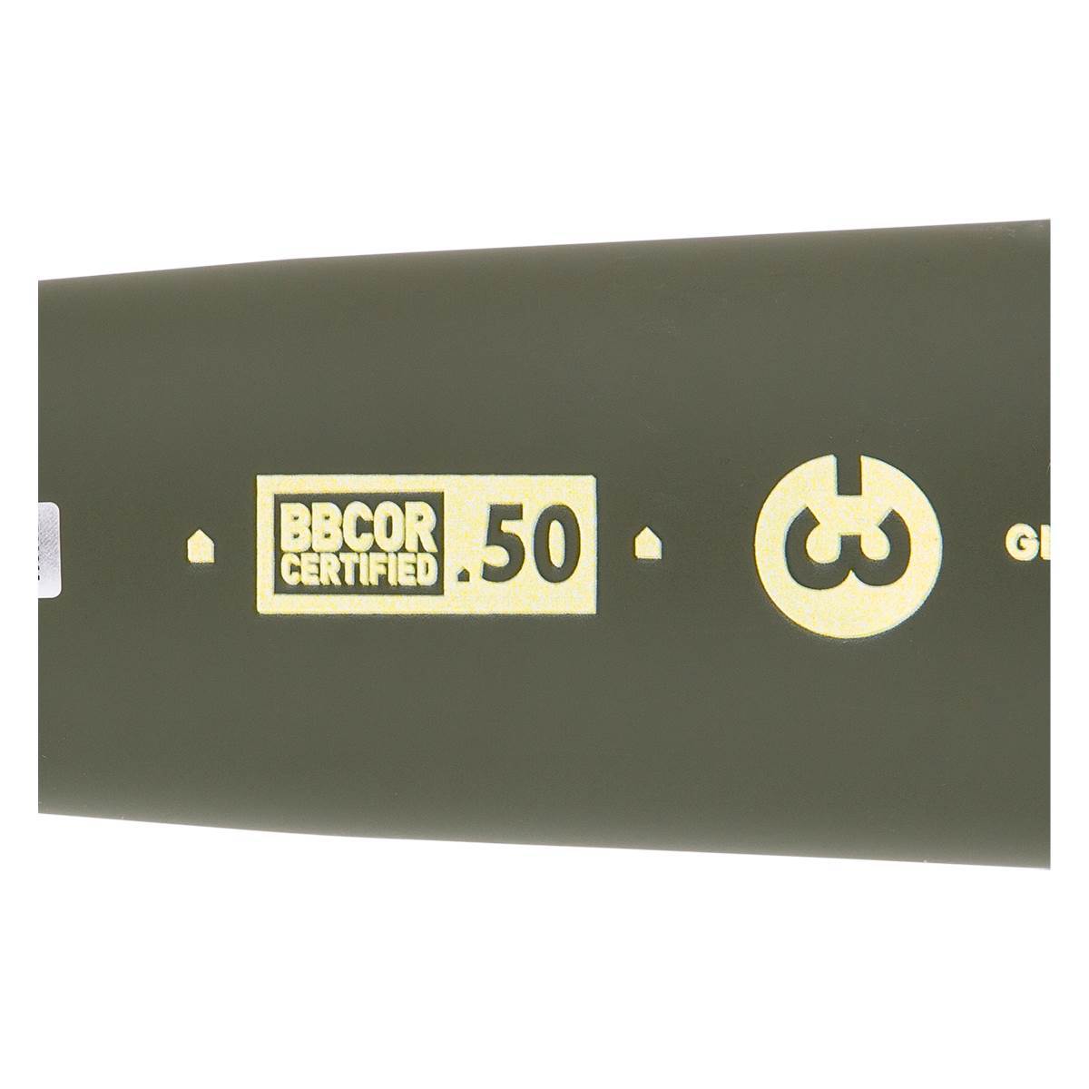 Close-up of a dark green baseball bat with BBCOR CERTIFIED .50 and a circular logo.