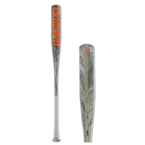Side view of a camouflage baseball bat with orange Marucci branding and Black Ops text.