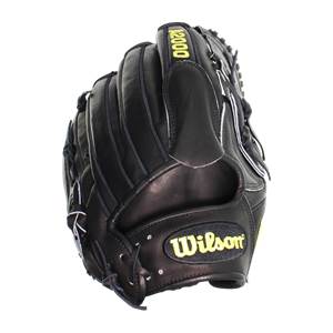 Corner view of a black baseball glove with yellow Wilson branding and A2000 text.