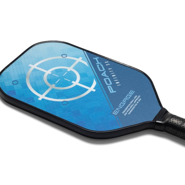 Top-down view of a blue pickleball paddle with a target design and POACH INFINITY SX text.