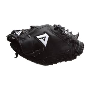 Side view of a black catchers mitt with white A logos and visible lacing.