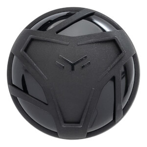 Top-down view of a black baseball bat end cap with a matte black geometric design and a glossy black center.