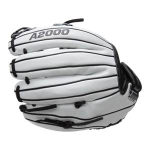 Side view of a white Wilson A2000 fastpitch glove with black lacing and A2000 branding.