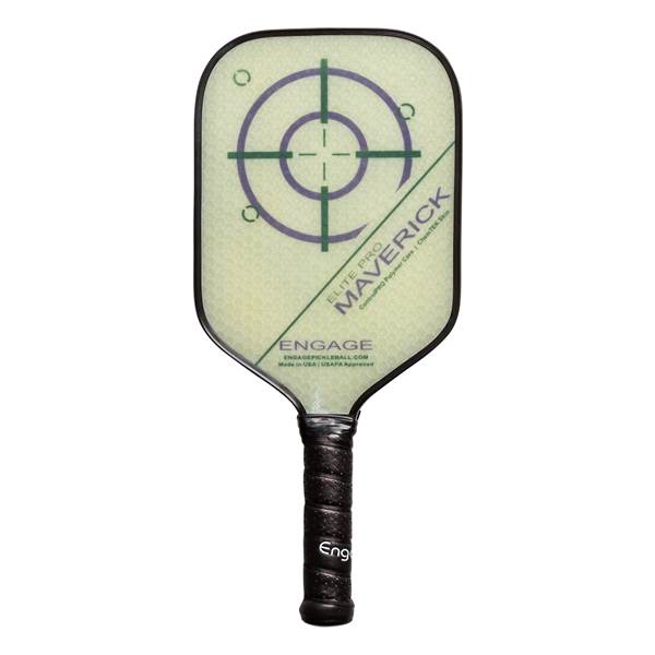 Front view of a light green pickleball paddle with a target design, Maverick text, and a black grip with Eng logo.