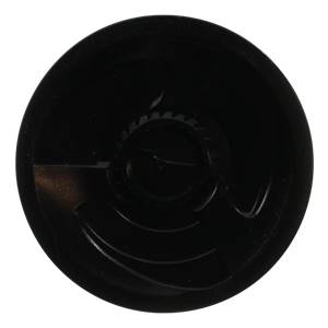 Top-down view of a black baseball bat end cap with circular ridges and a central logo.